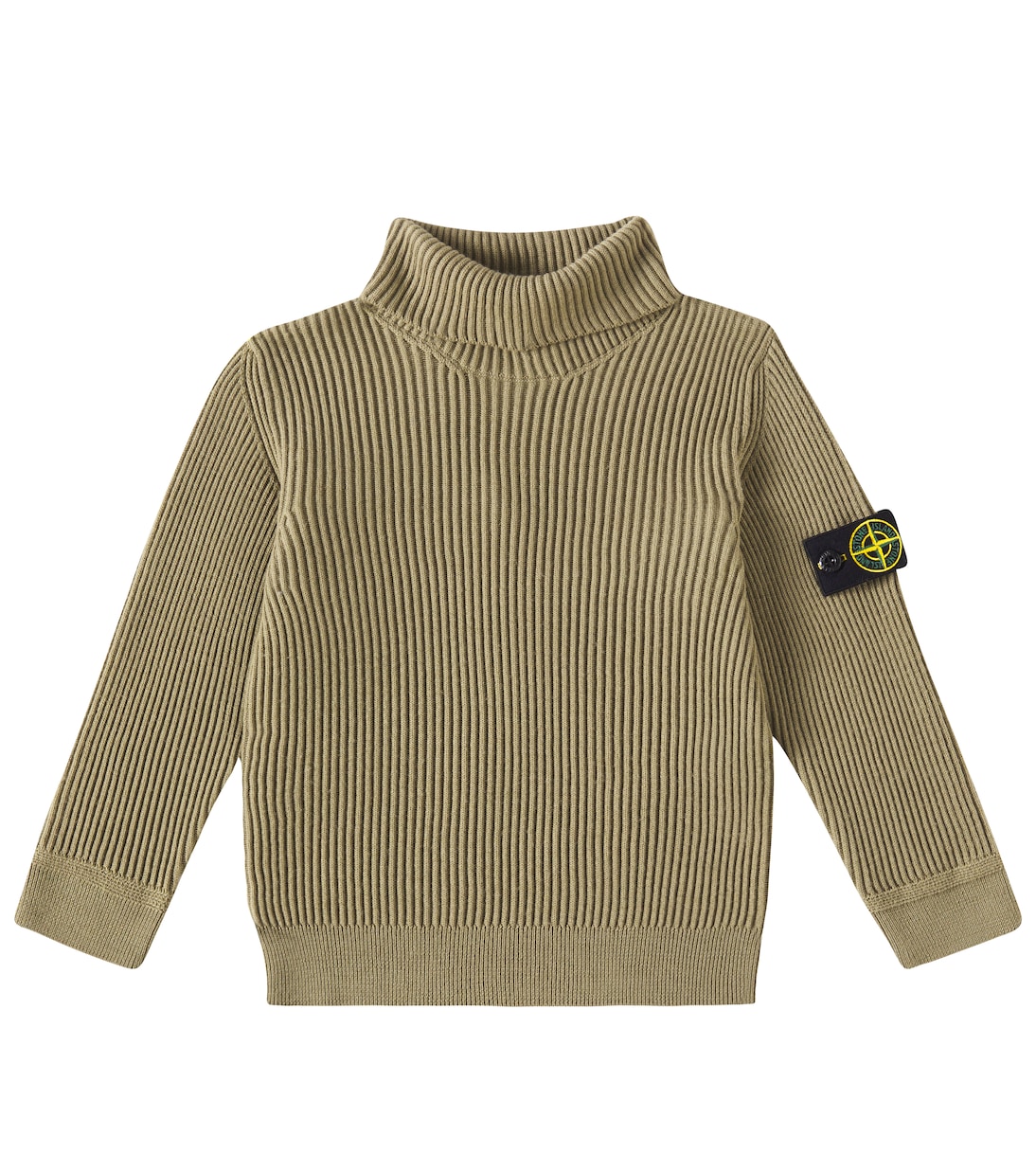 Compass ribbed knit wool turtleneck sweater in green Stone Island Junior Mytheresa