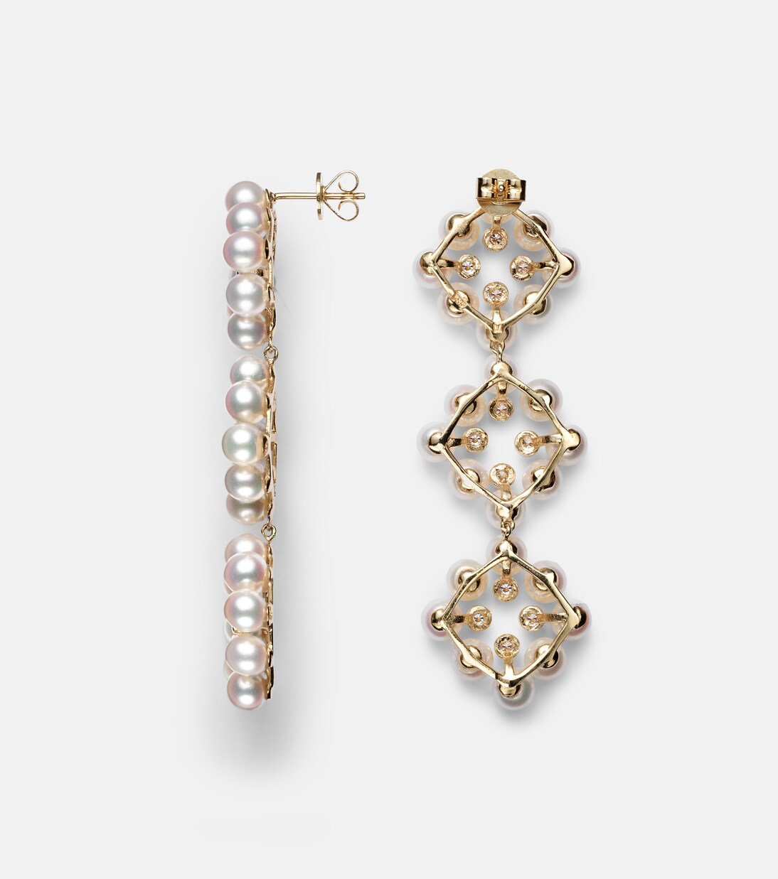 Cluster Drop 14kt gold drop earrings with diamonds and pearls | Mateo