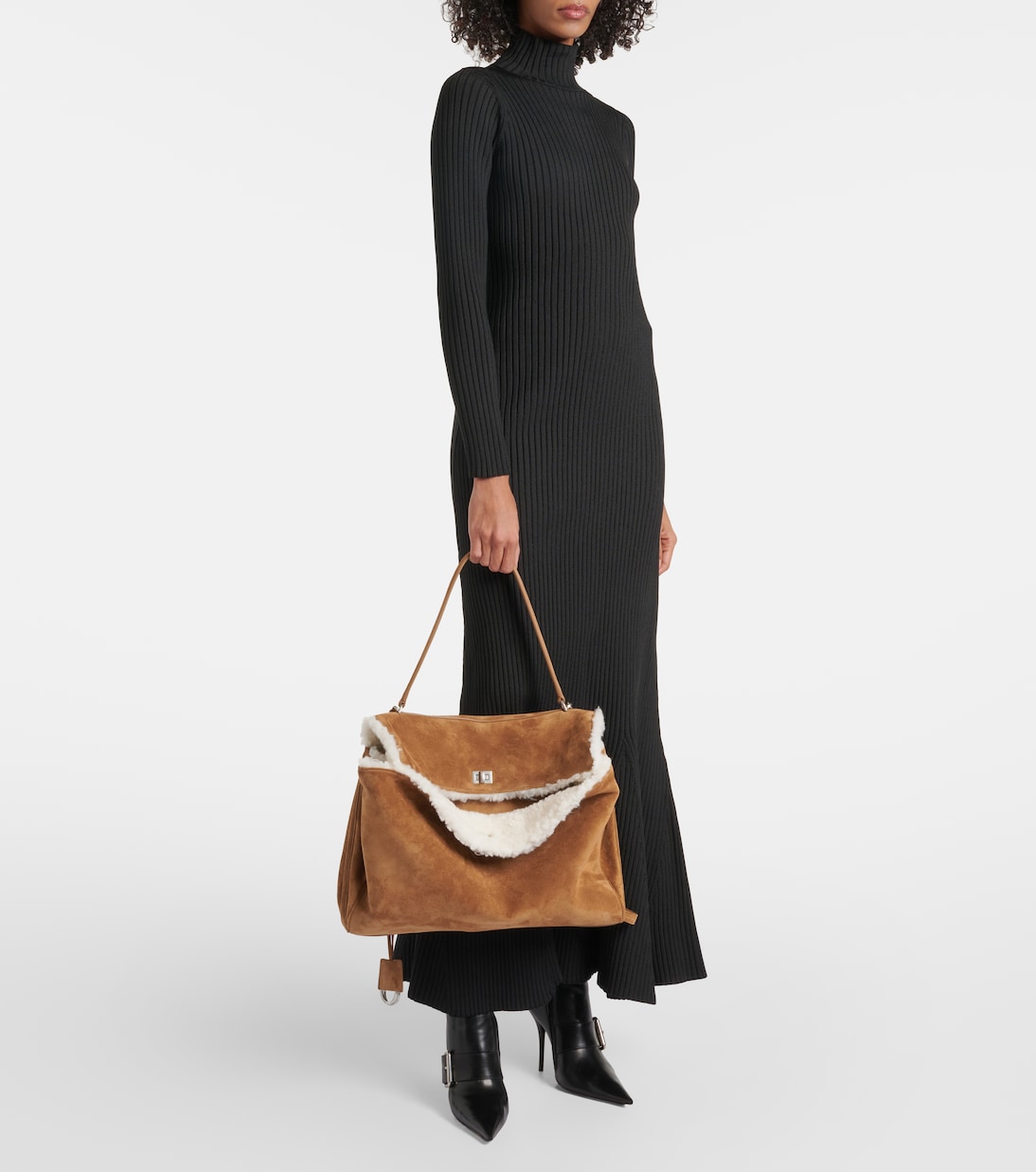 Borsa a spalla Rodeo Large in suede con shearling | Balenciaga