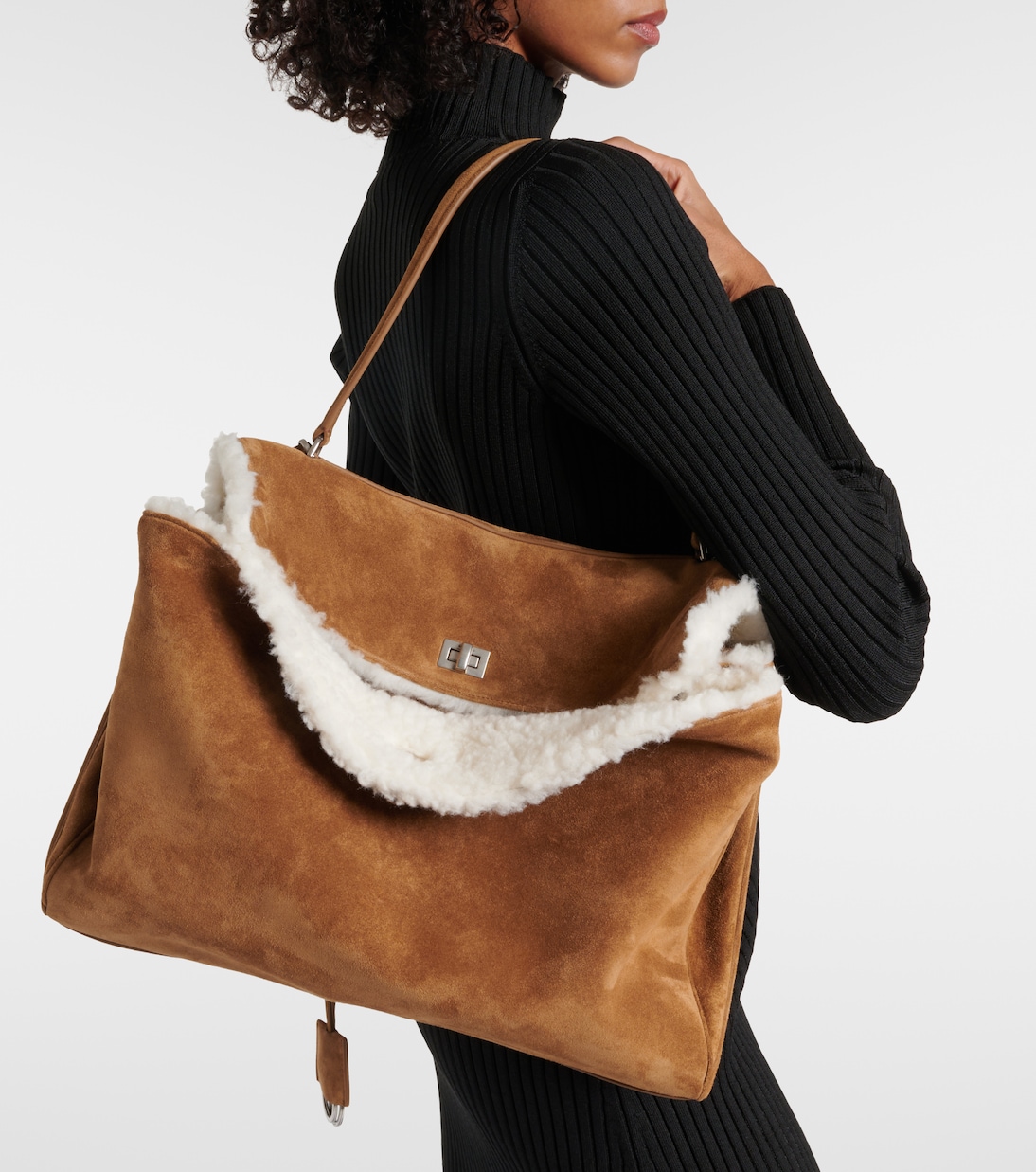 Borsa a spalla Rodeo Large in suede con shearling | Balenciaga