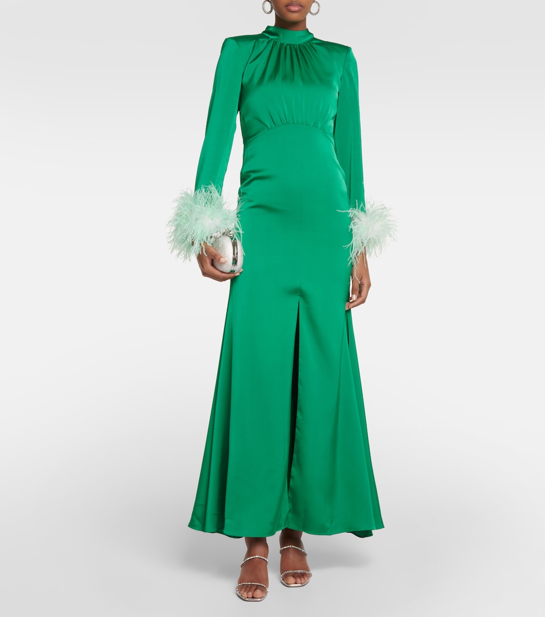 Feather-trimmed satin gown | Self-Portrait