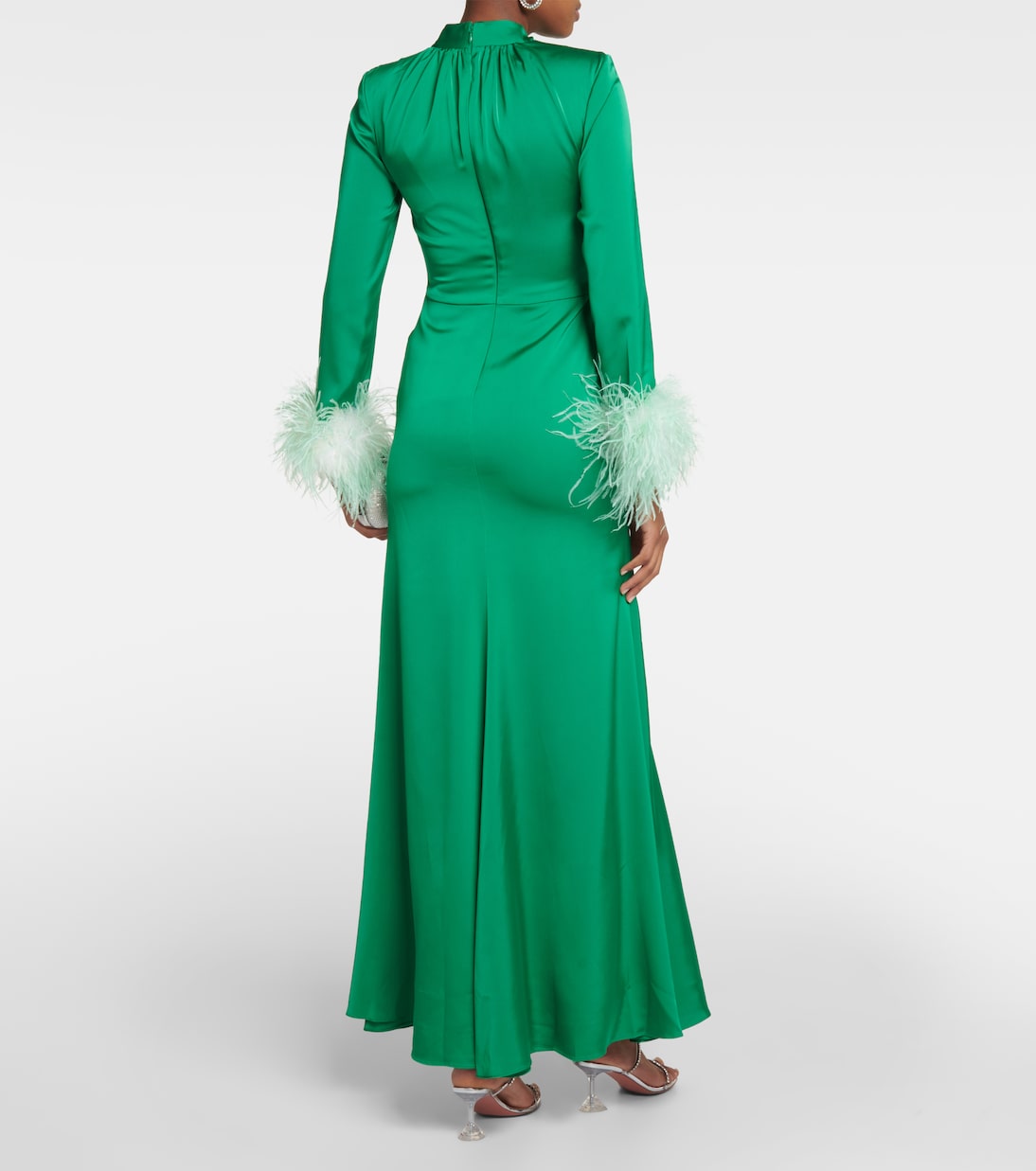 Feather-trimmed satin gown | Self-Portrait