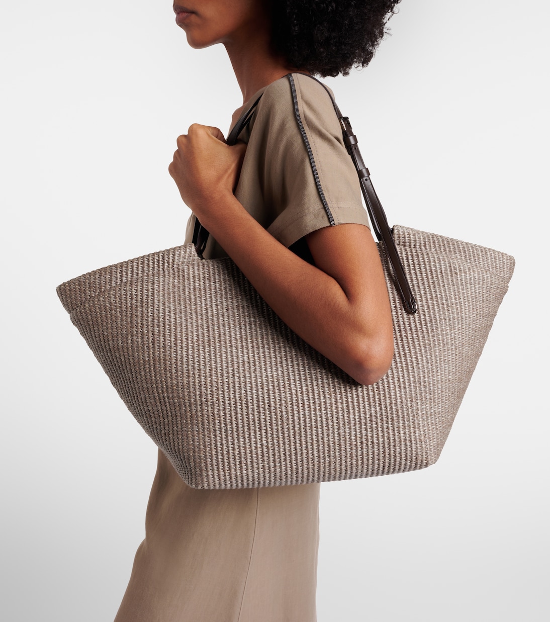 Leather-trimmed raffia tote bag | Brunello Cucinelli