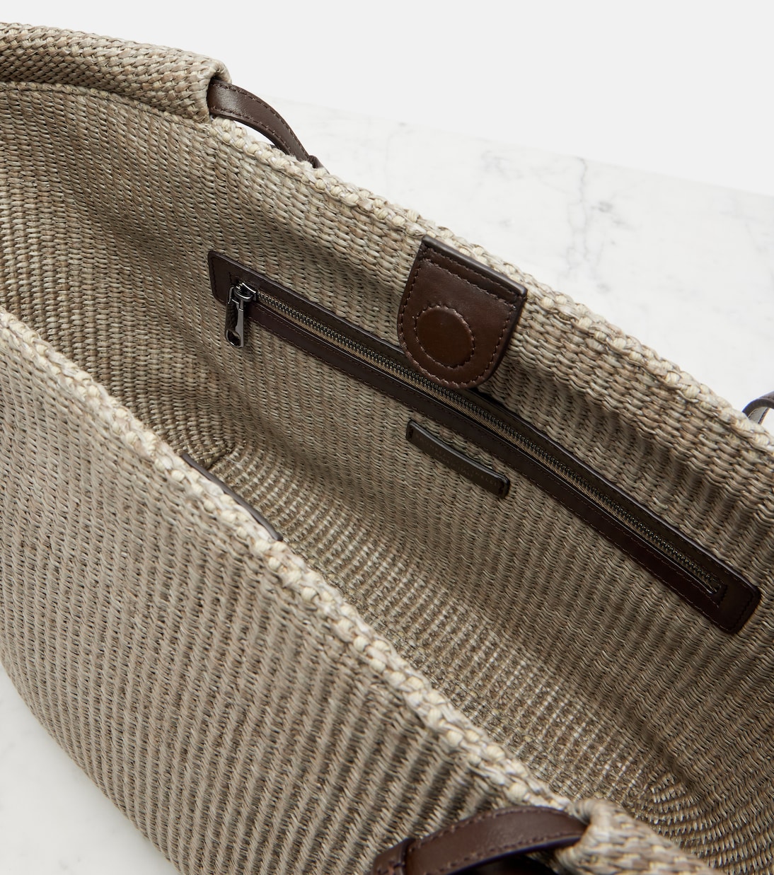 Leather-trimmed raffia tote bag | Brunello Cucinelli