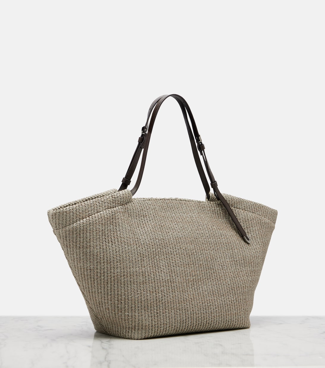Leather-trimmed raffia tote bag | Brunello Cucinelli