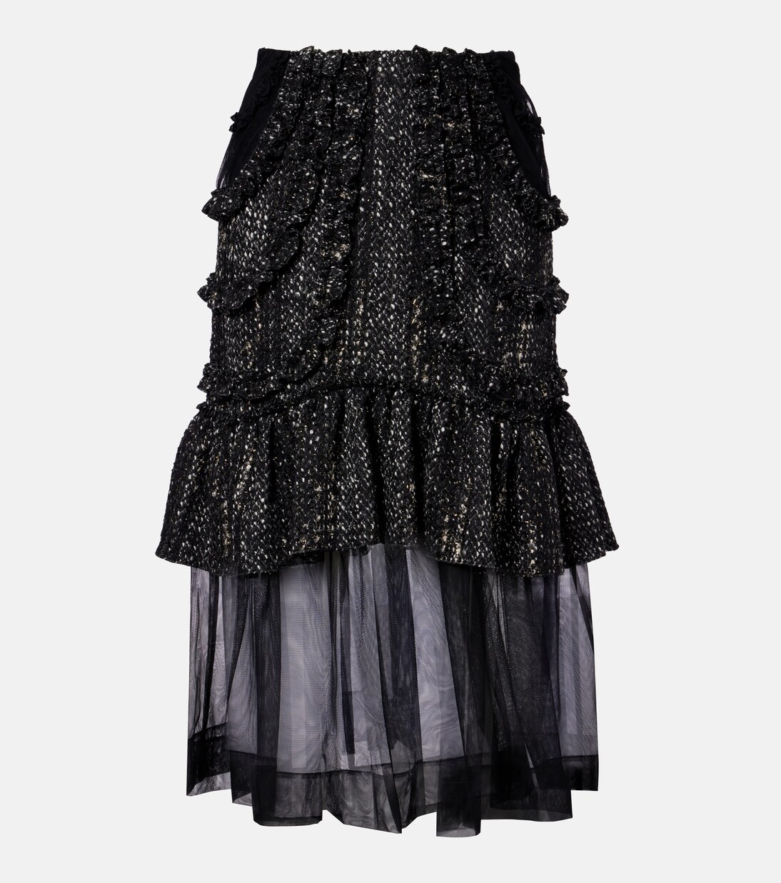 Tulle-trimmed high-rise tweed midi skirt | Simone Rocha