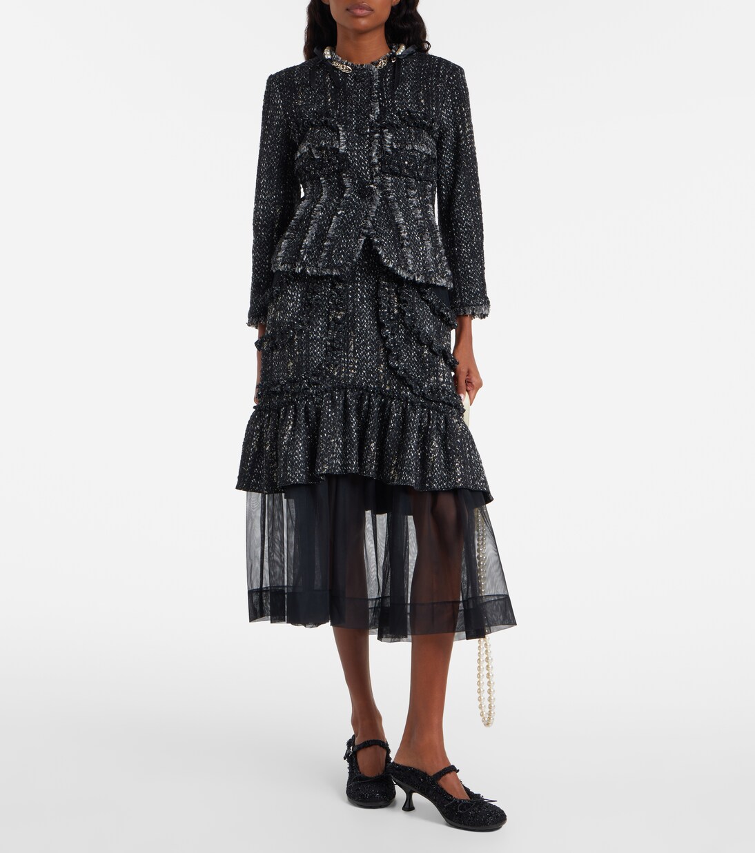 Tulle-trimmed high-rise tweed midi skirt | Simone Rocha