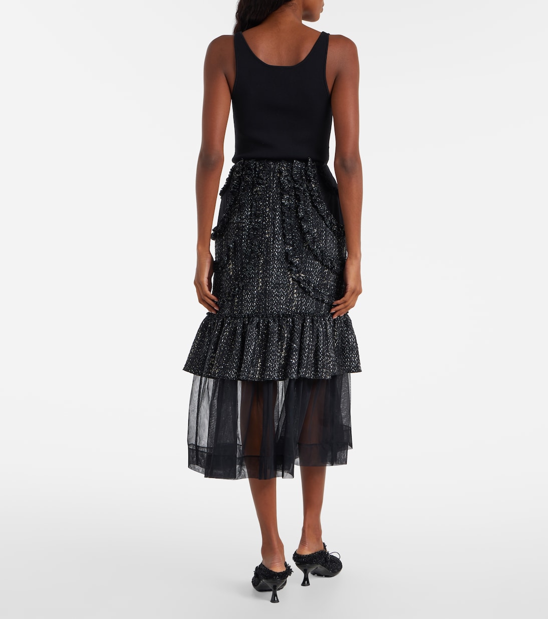 Tulle-trimmed high-rise tweed midi skirt | Simone Rocha