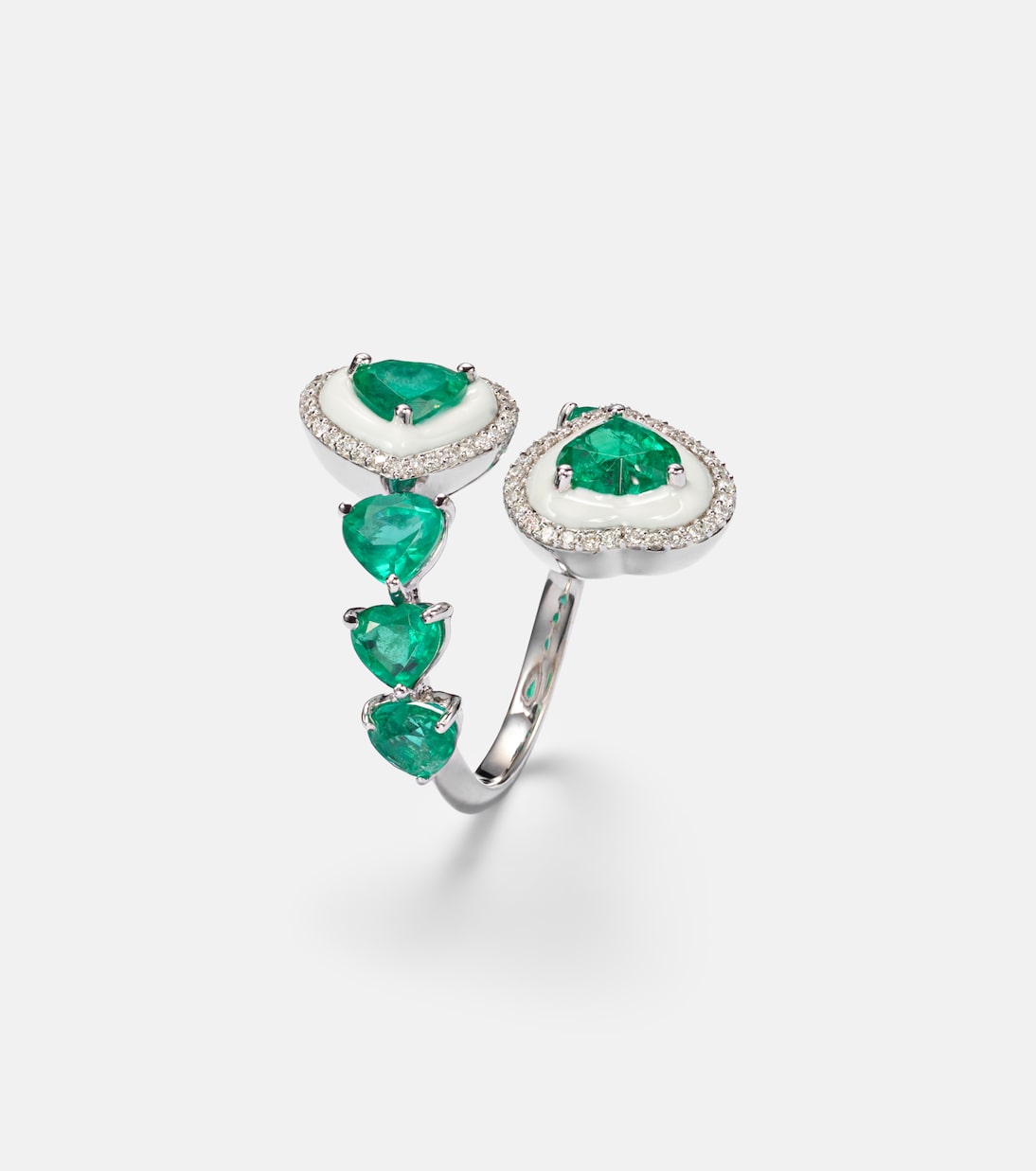 Heart 18kt white gold and enamel ring with emeralds and diamonds | Kamyen