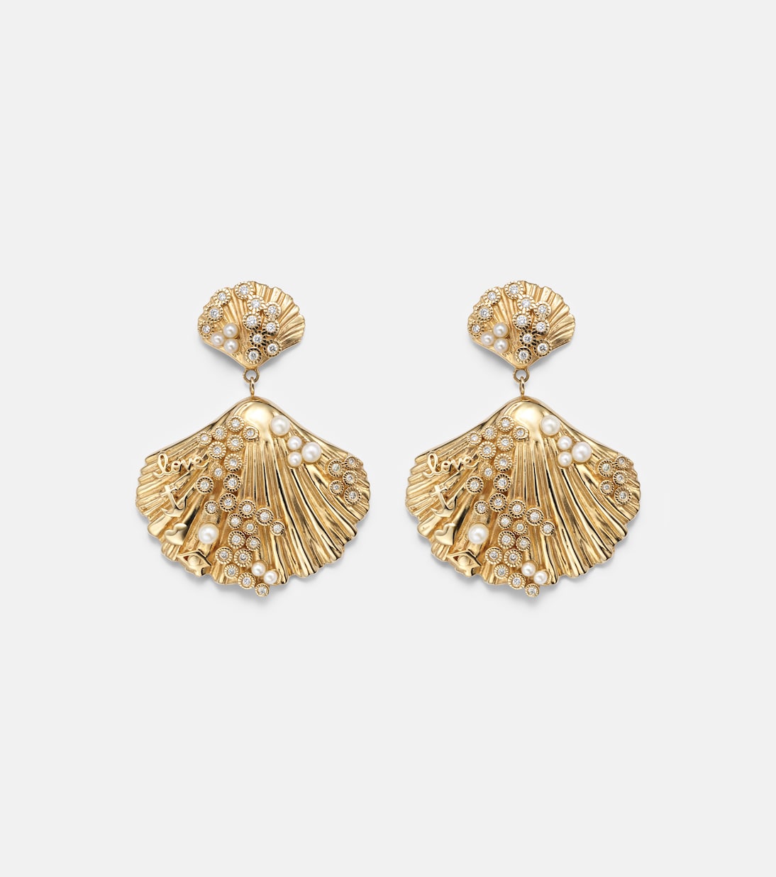 Boucles d'oreilles Scallop Shell en or 14 kt (585/1000) avec perles et diamants | Sydney Evan