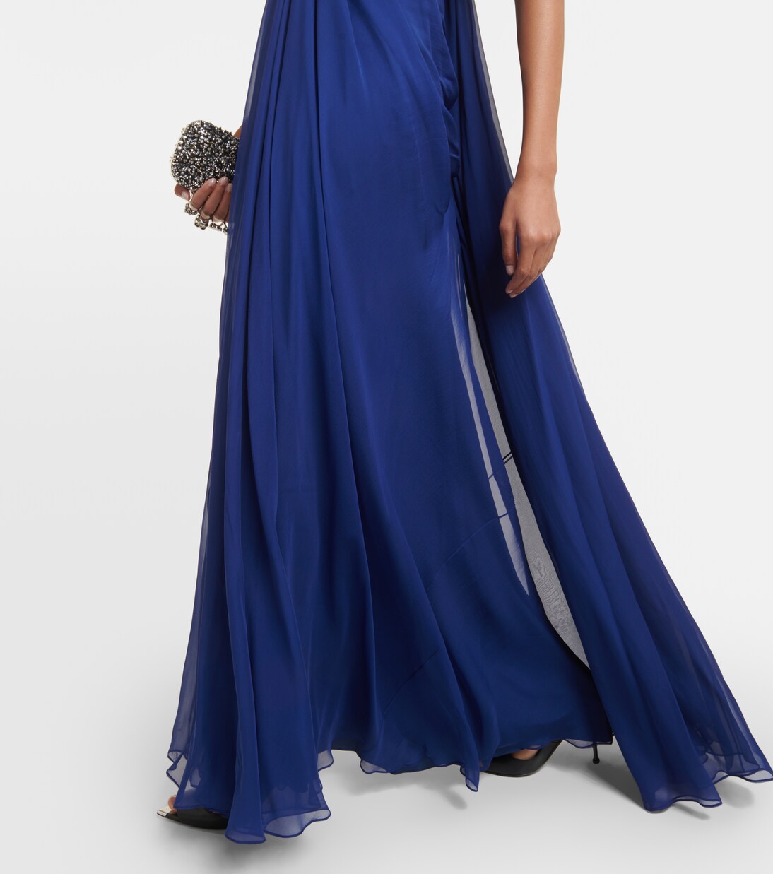 Strapless draped silk chiffon gown in blue Alexander Mc Queen Mytheresa