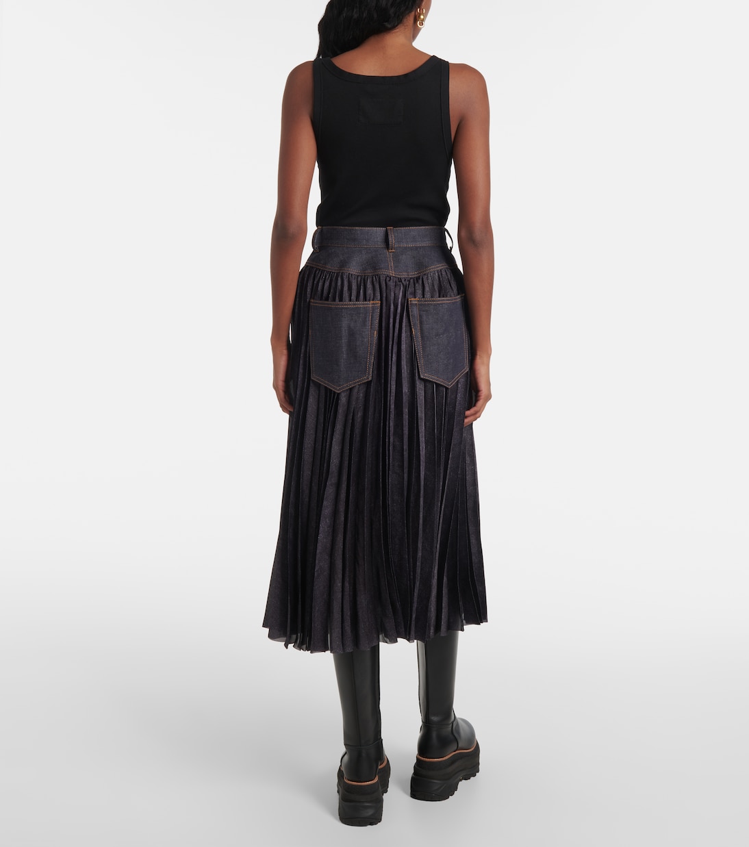 Falda midi plisada de denim | Sacai