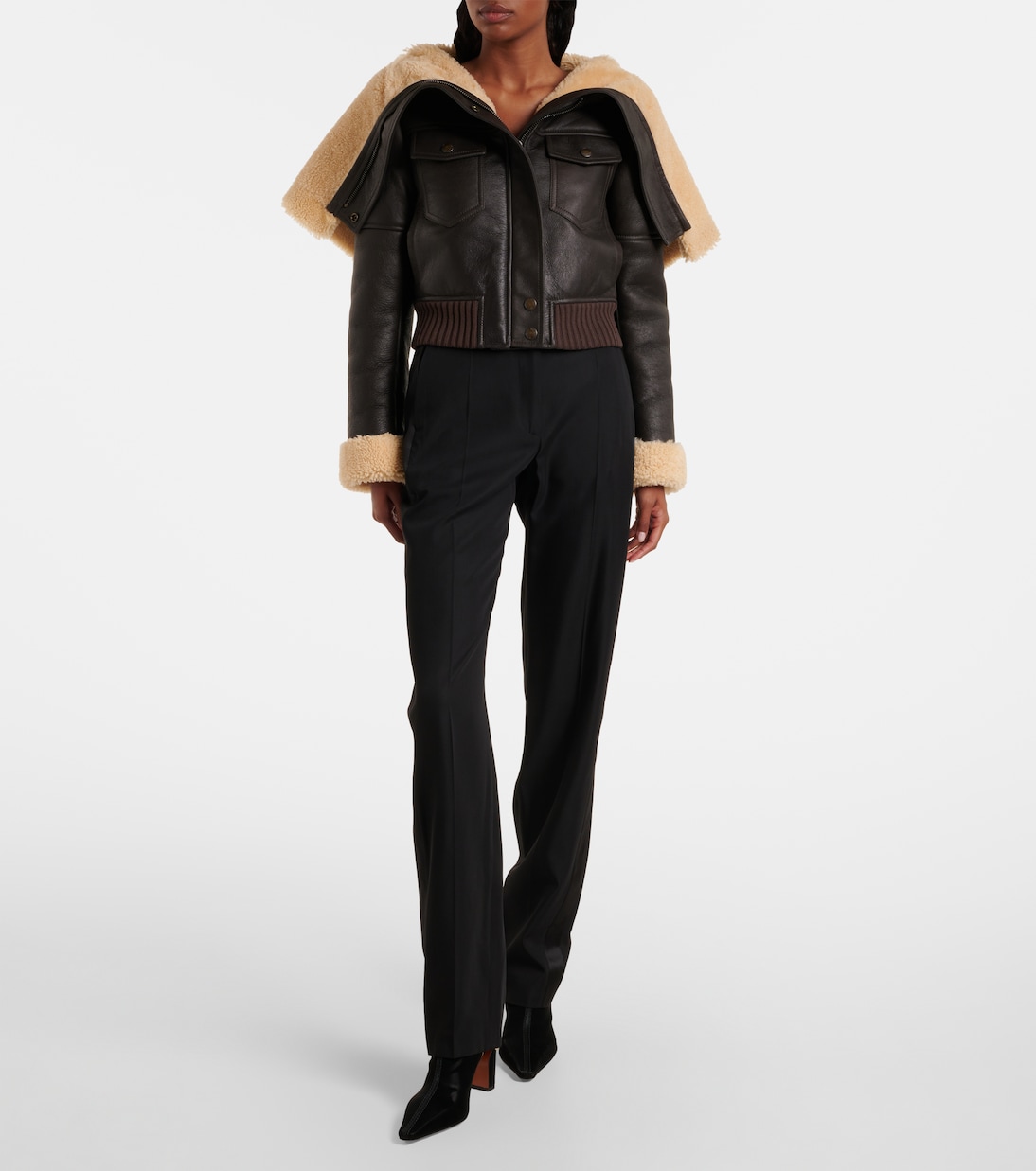 Cropped shearling-trimmed leather jacket | McQueen