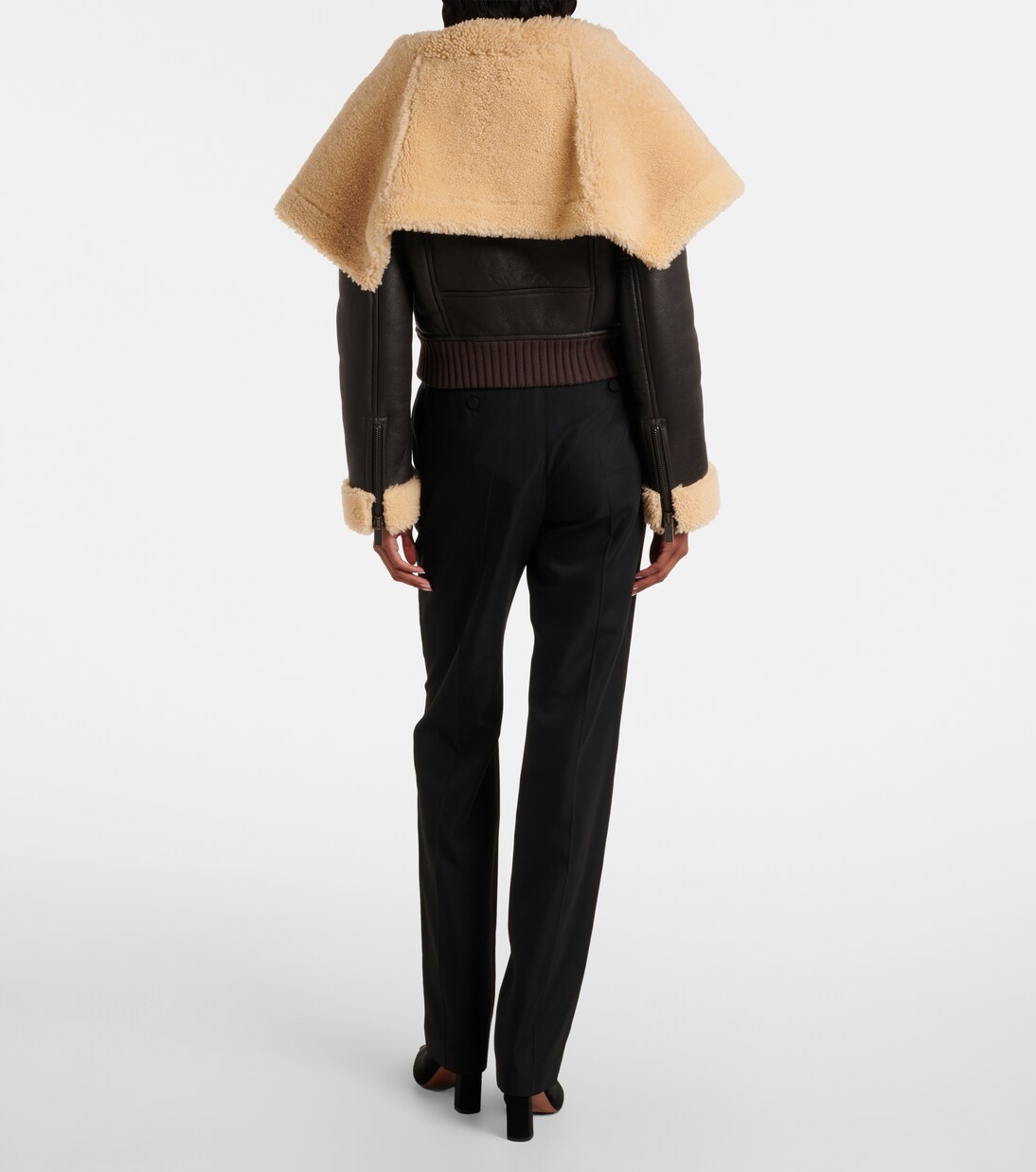 Cropped shearling-trimmed leather jacket | McQueen