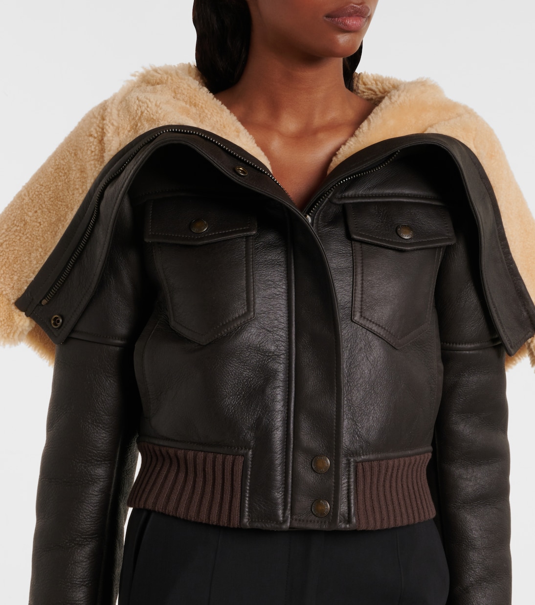 Cropped shearling-trimmed leather jacket | McQueen