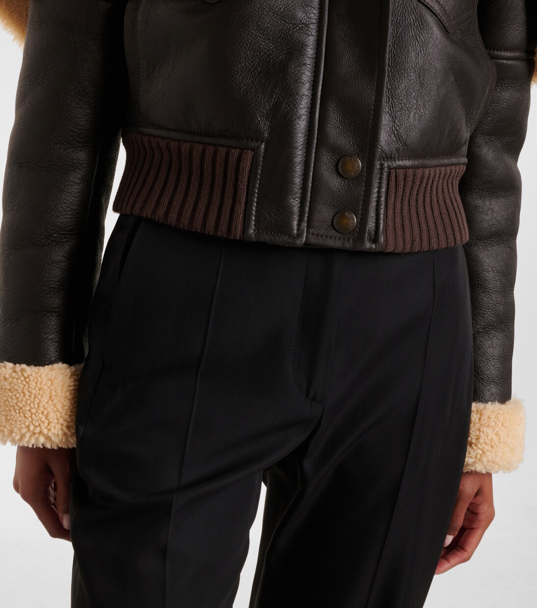 Cropped shearling-trimmed leather jacket | McQueen