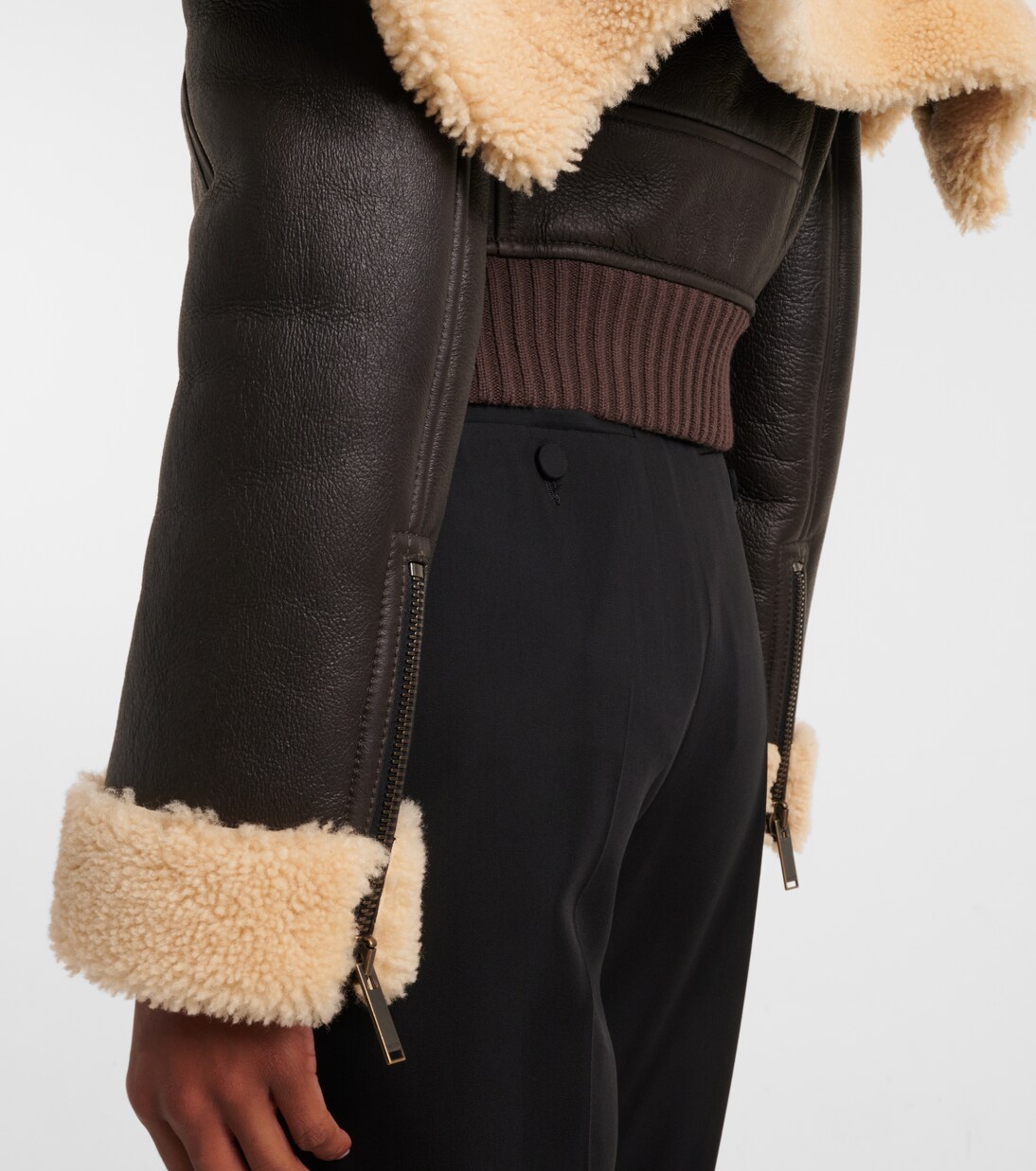 Cropped shearling-trimmed leather jacket | McQueen