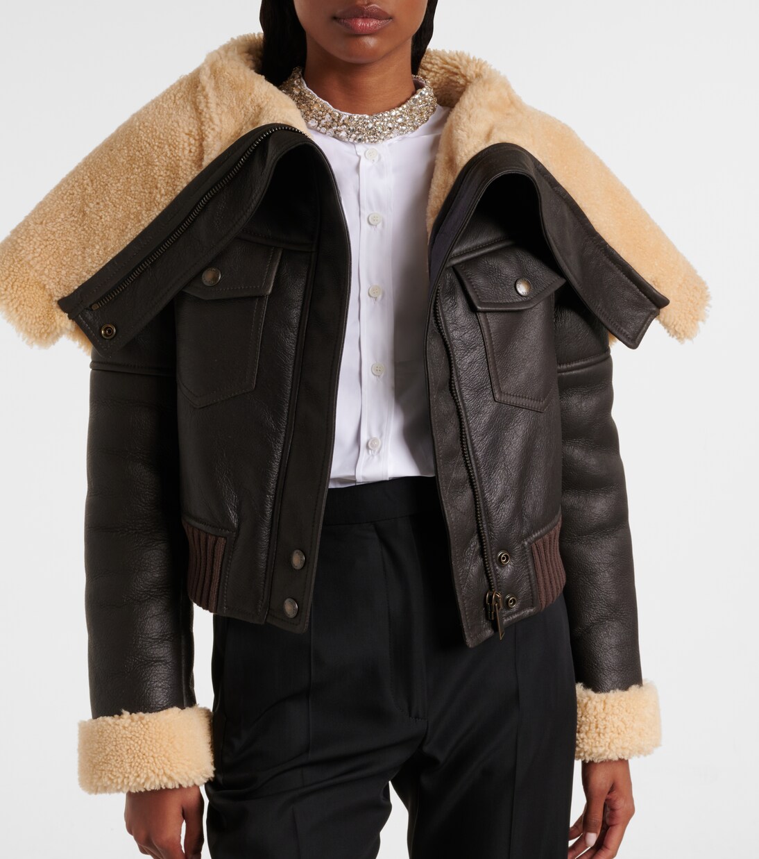 Cropped shearling-trimmed leather jacket | McQueen