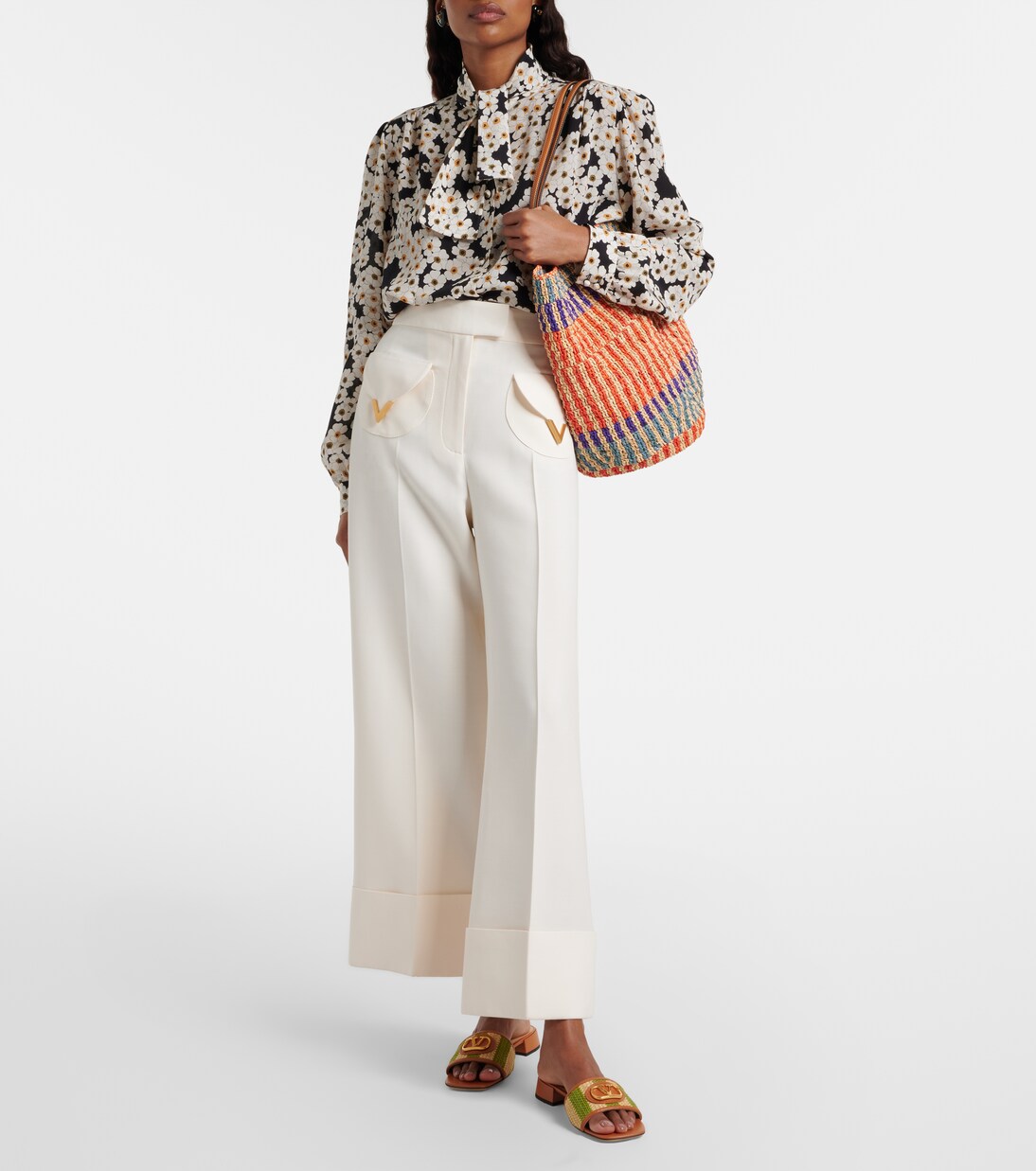 VLogo leather-trimmed raffia slides | Valentino Garavani