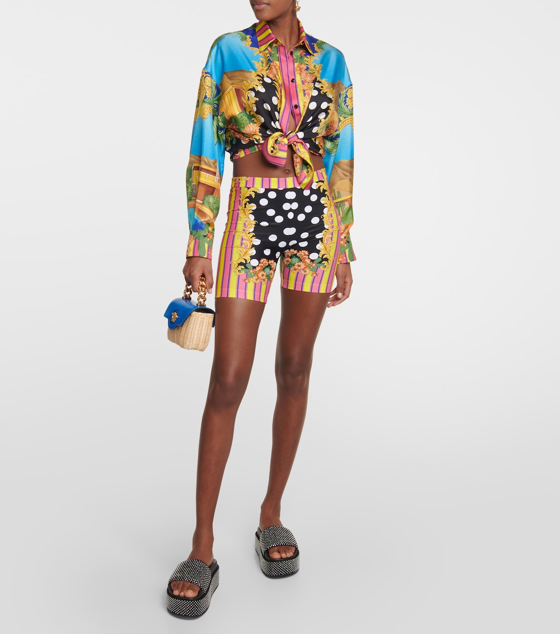 Embellished satin platform slides | Versace