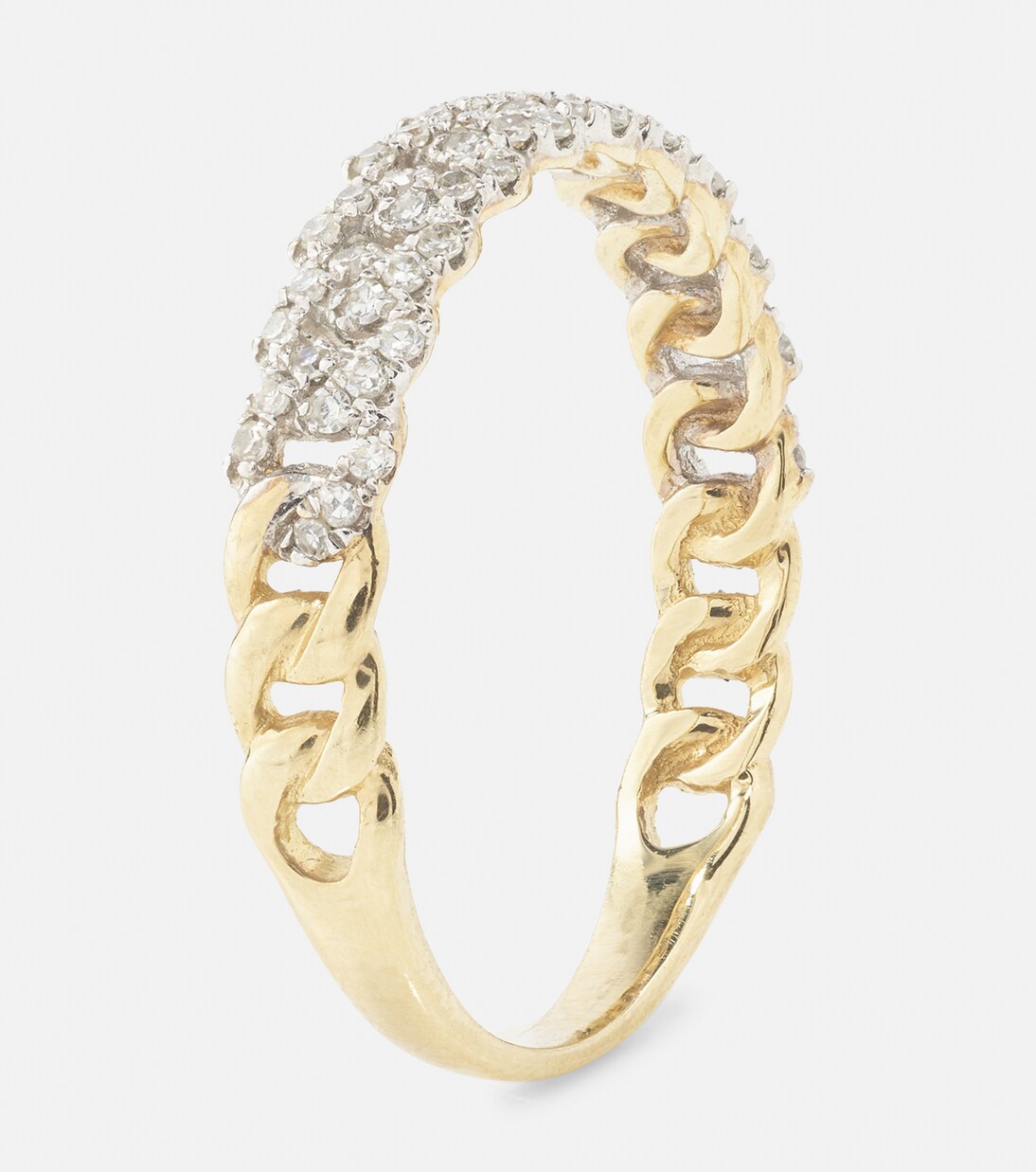 Anello in oro giallo 10kt con catenella e diamanti, stile giovane e moderno