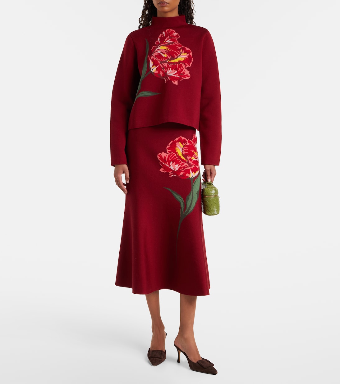 Falda midi de lana y algodón en jacquard floral | Carolina Herrera