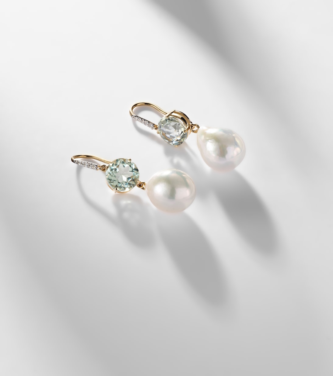 14kt gold drop earrings with amethysts, pearls, and diamonds | Mateo