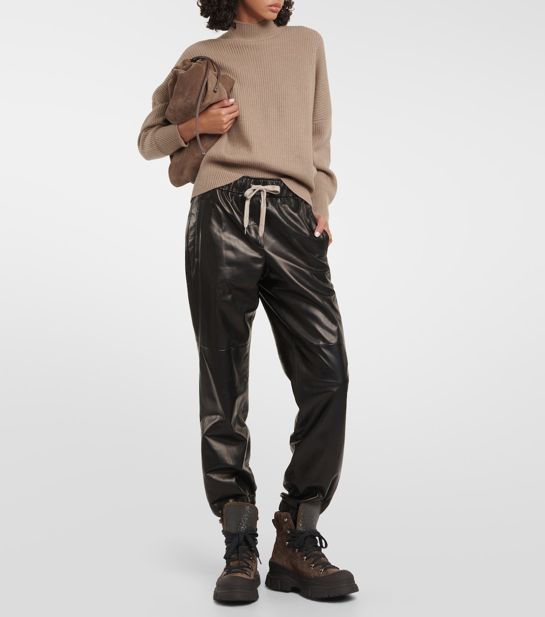 Pantalon à taille mi-haute en cuir | Brunello Cucinelli