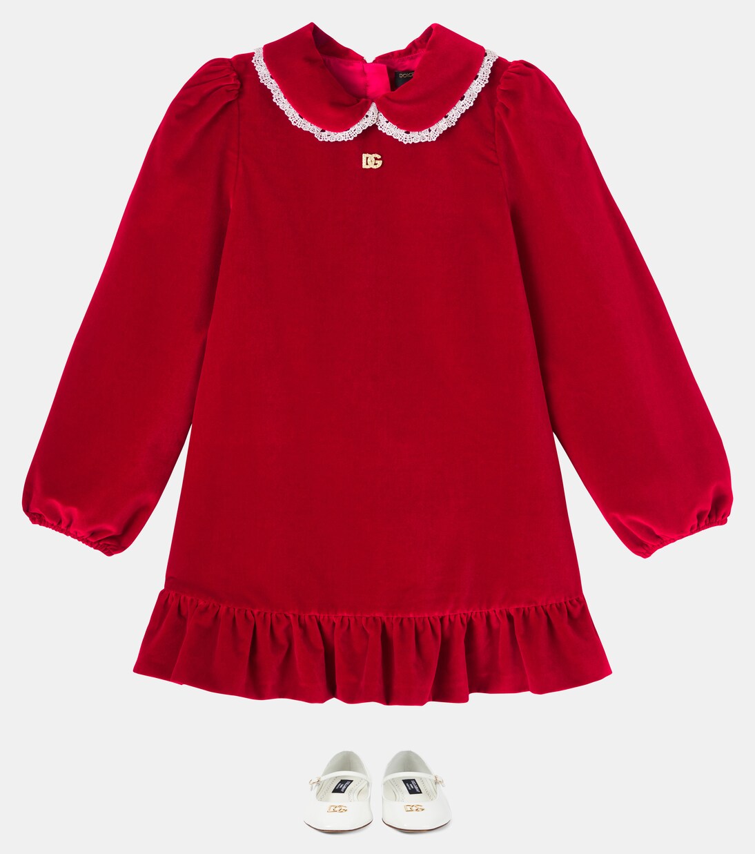 DG lace-trimmed cotton velvet dress | Dolce&Gabbana Kids