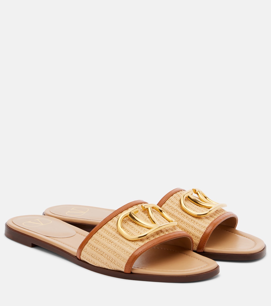 VLogo leather-trimmed raffia slides | Valentino Garavani