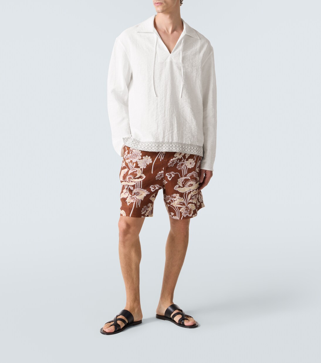 Crochet-trimmed tie-neck linen-blend shirt | Commas