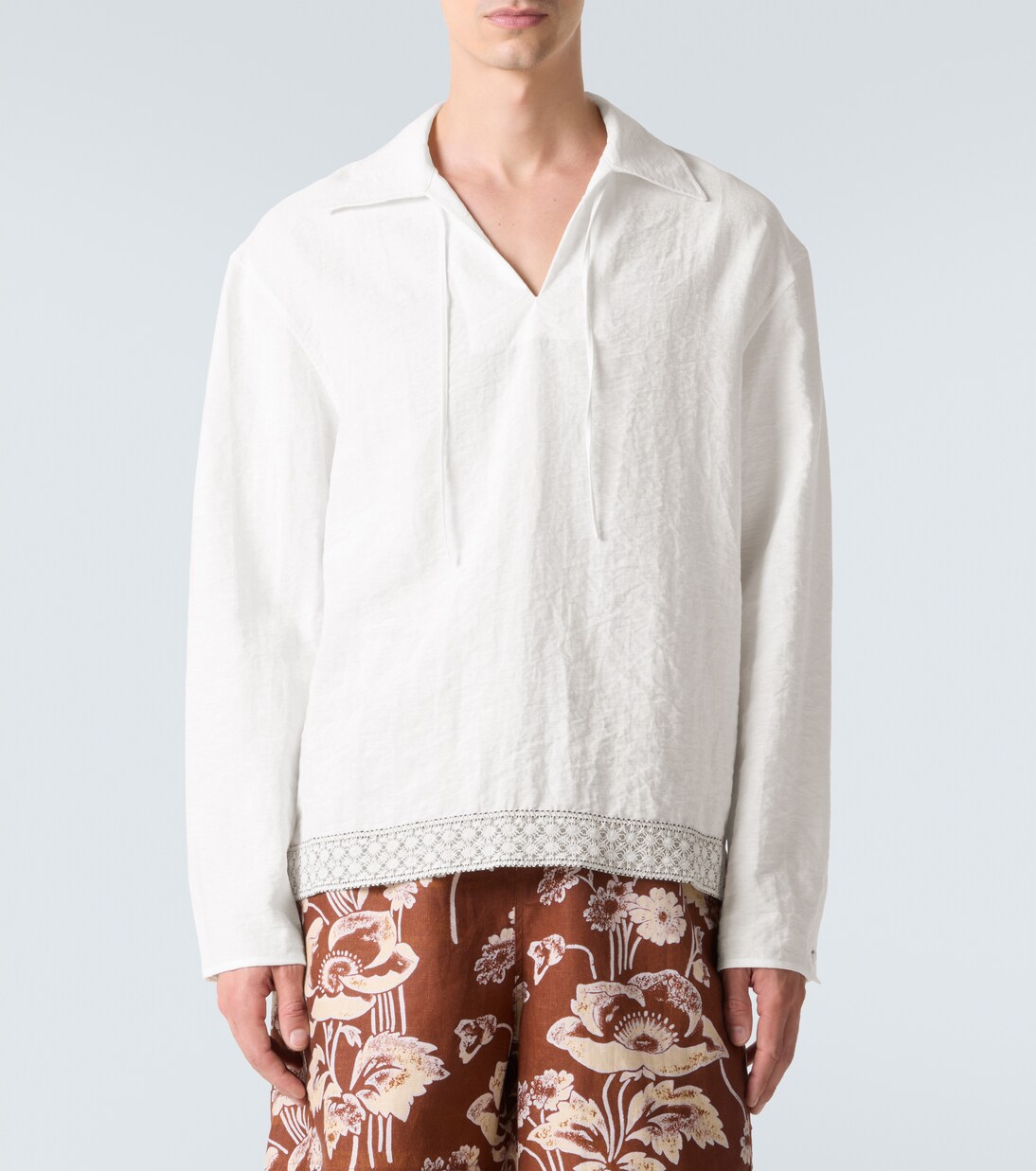 Crochet-trimmed tie-neck linen-blend shirt | Commas