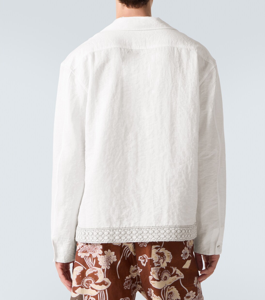 Crochet-trimmed tie-neck linen-blend shirt | Commas