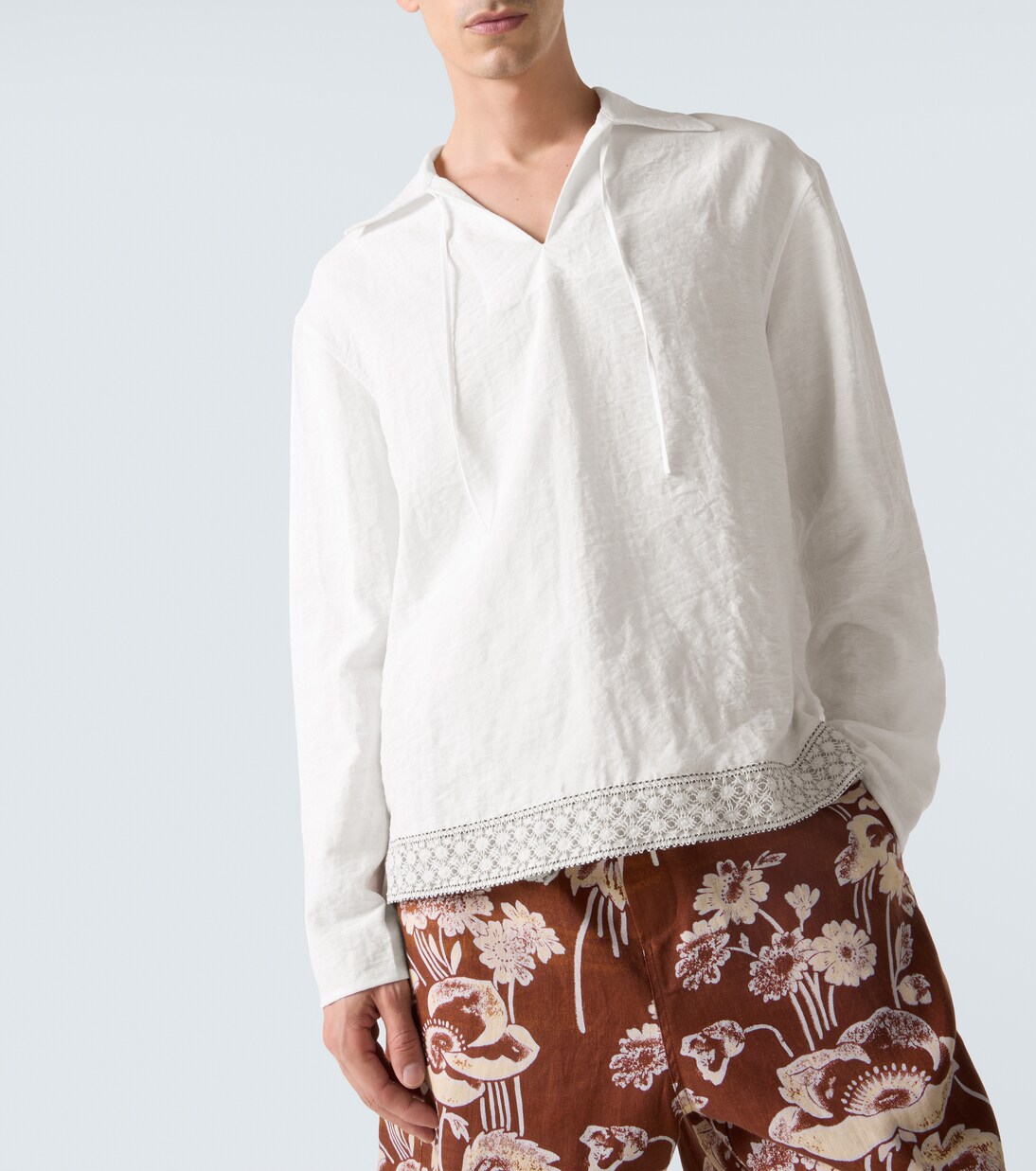 Crochet-trimmed tie-neck linen-blend shirt | Commas
