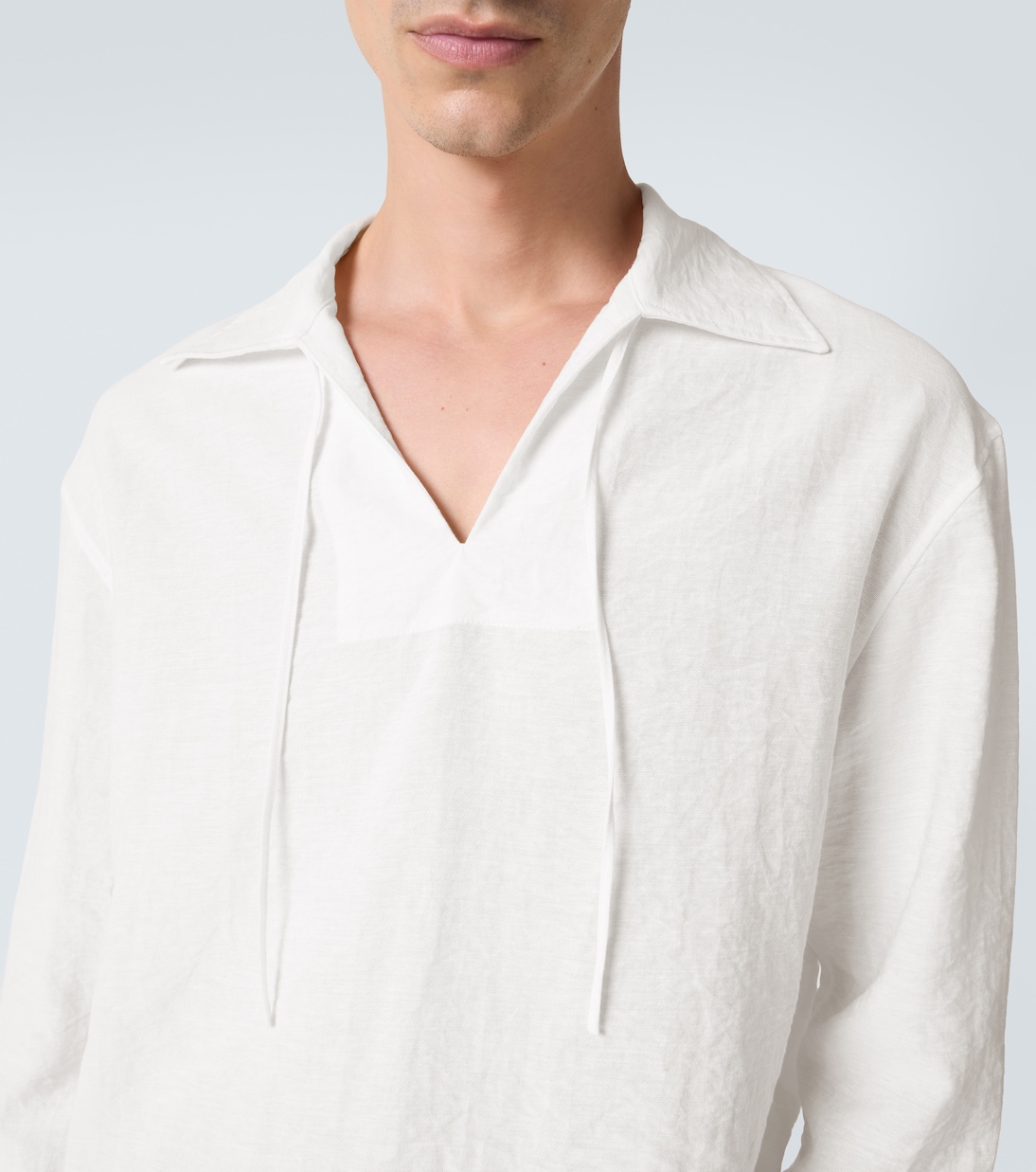 Crochet-trimmed tie-neck linen-blend shirt | Commas