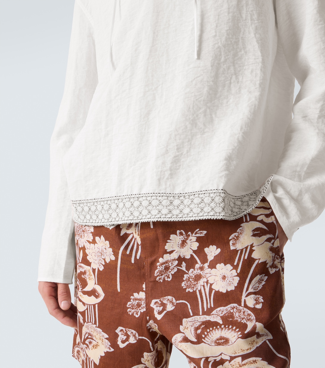 Crochet-trimmed tie-neck linen-blend shirt | Commas