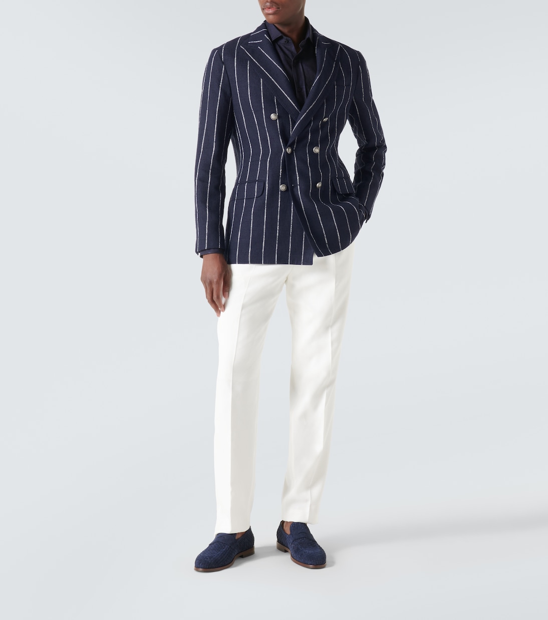 Chalk stripe linen, wool, and silk-blend blazer | Brunello Cucinelli