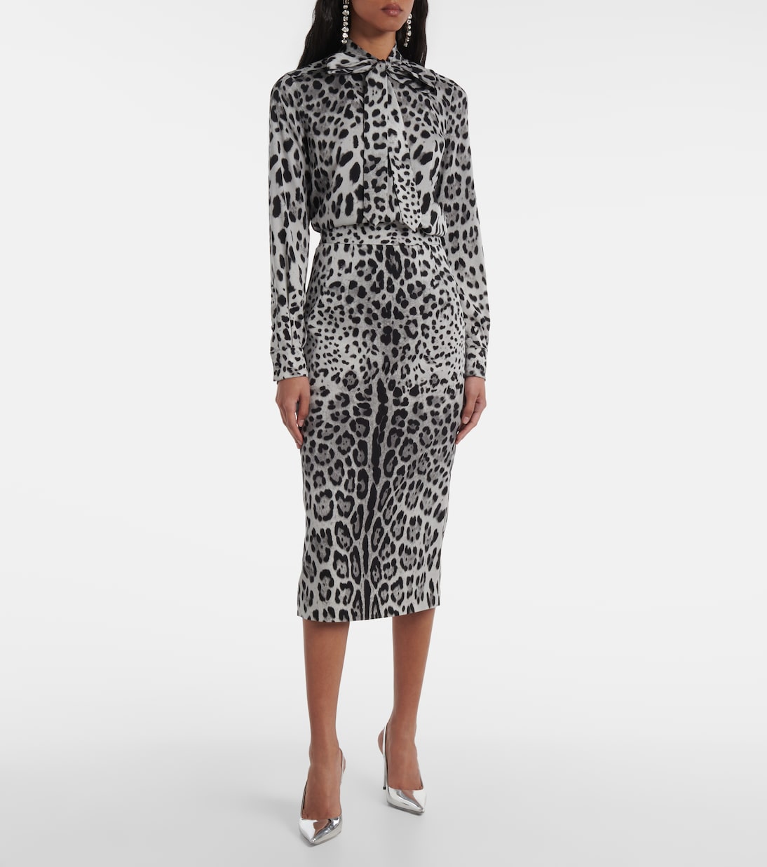 Jupe crayon en soie mélangée à motif léopard | Dolce&Gabbana