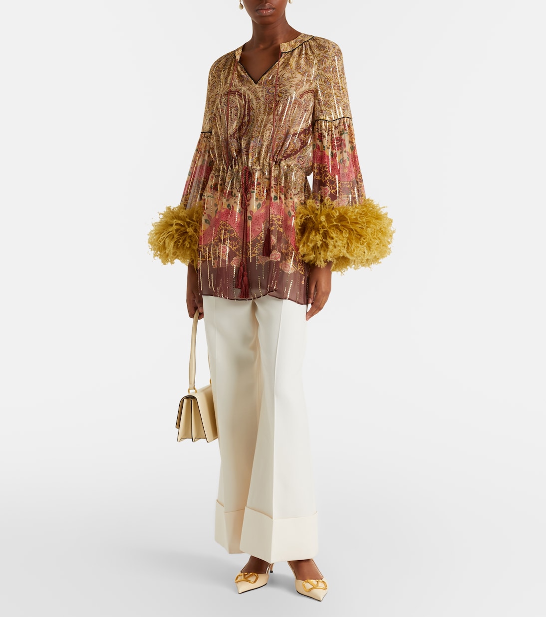 Paisley feather-trimmed silk-blend blouse | Valentino