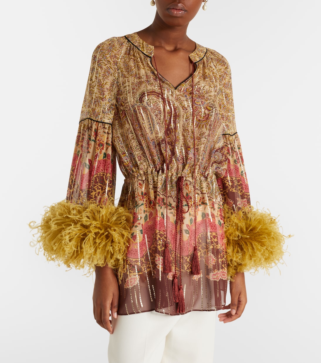 Paisley feather-trimmed silk-blend blouse | Valentino
