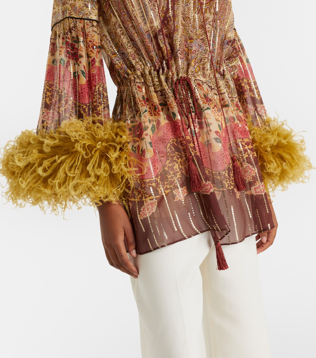 Paisley feather-trimmed silk-blend blouse | Valentino