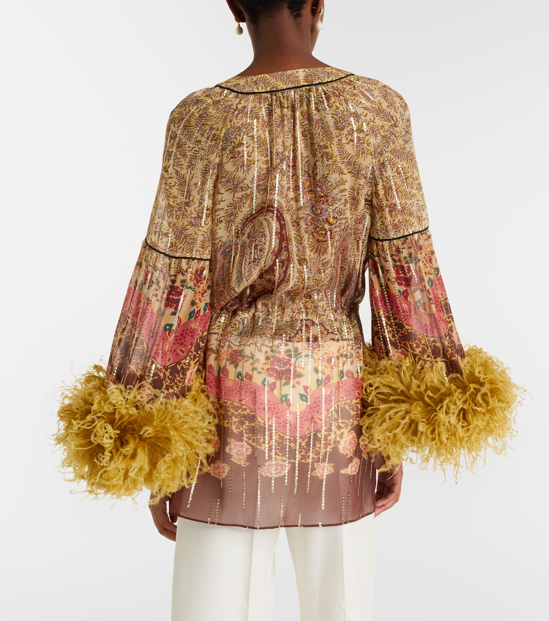 Paisley feather-trimmed silk-blend blouse | Valentino