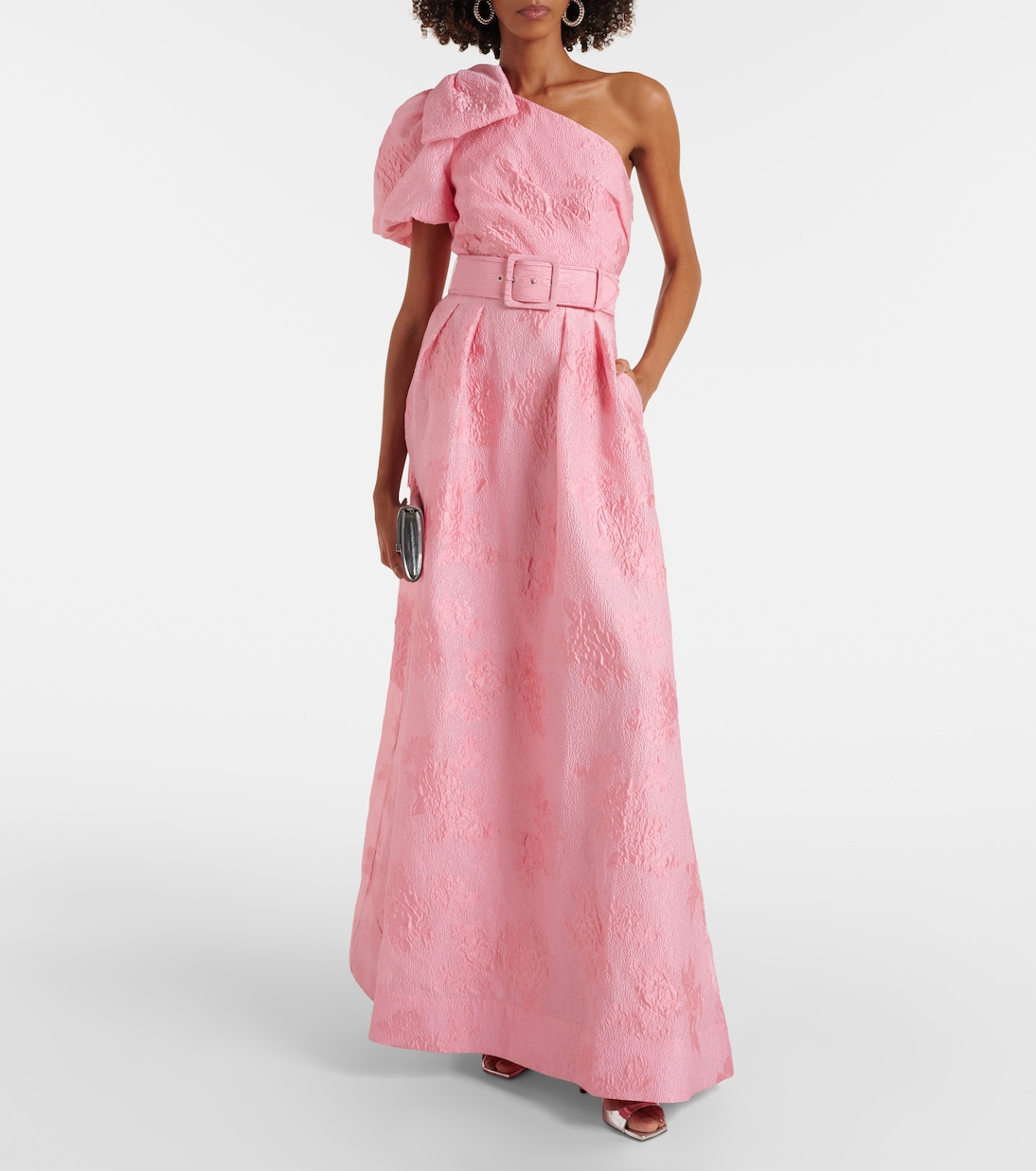 Zelie printed one-shoulder gown | Rebecca Vallance