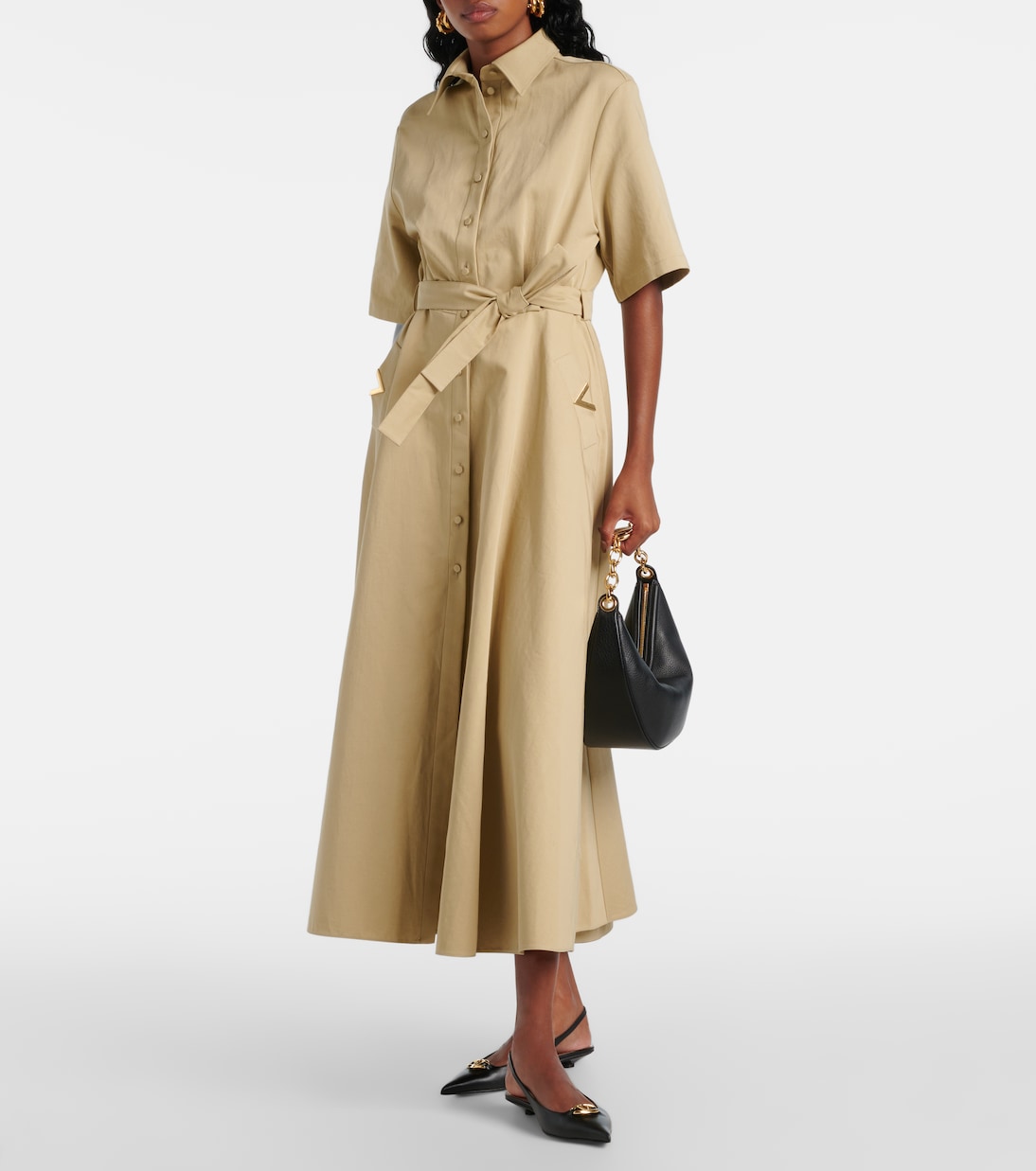 Vestido camisero de algodón y lino con VGold | Valentino