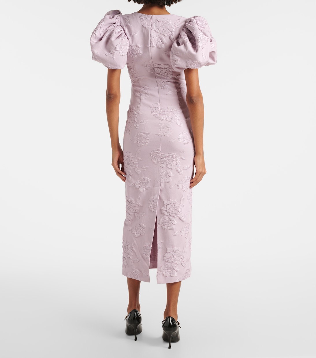 Floral puff-sleeve jacquard midi dress | Rotate