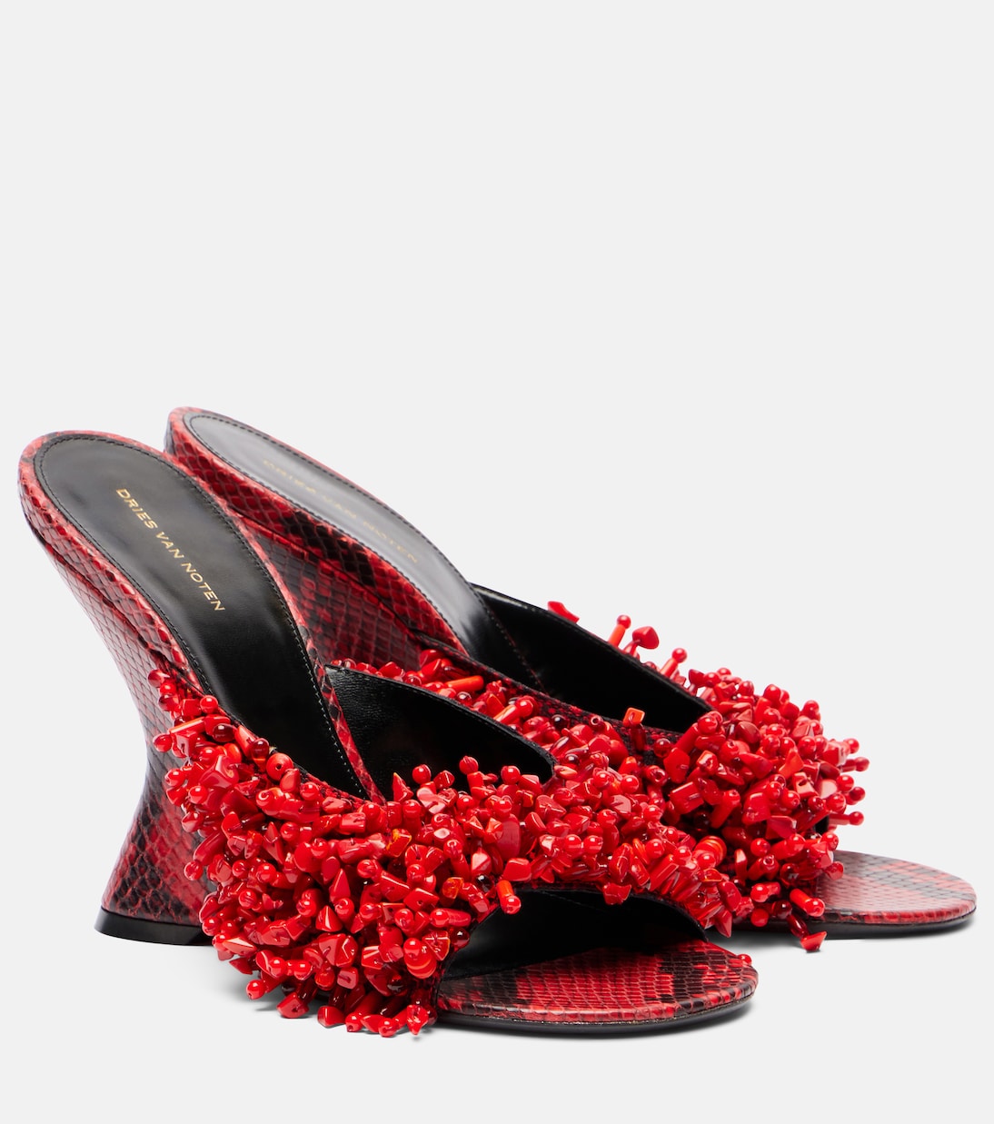 Beaded snake-print leather wedge mules | Dries Van Noten