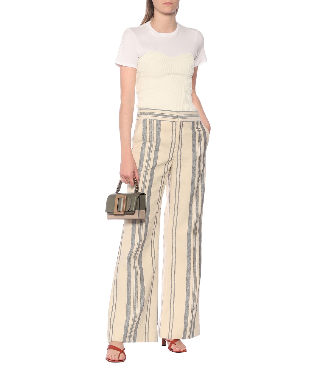 Pantalon évasé rayé en coton et lin à taille haute | Monse