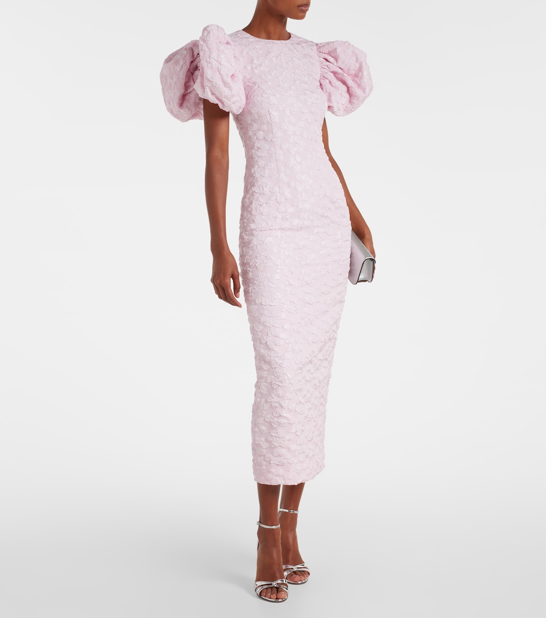 Vestido midi en jacquard con mangas abullonadas | Rotate