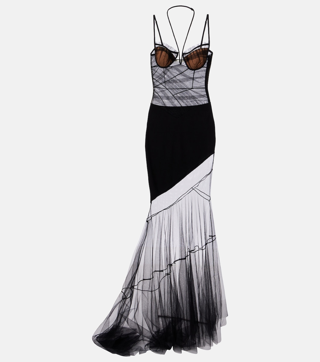 Asymmetric draped sheer maxi dress | Nensi Dojaka