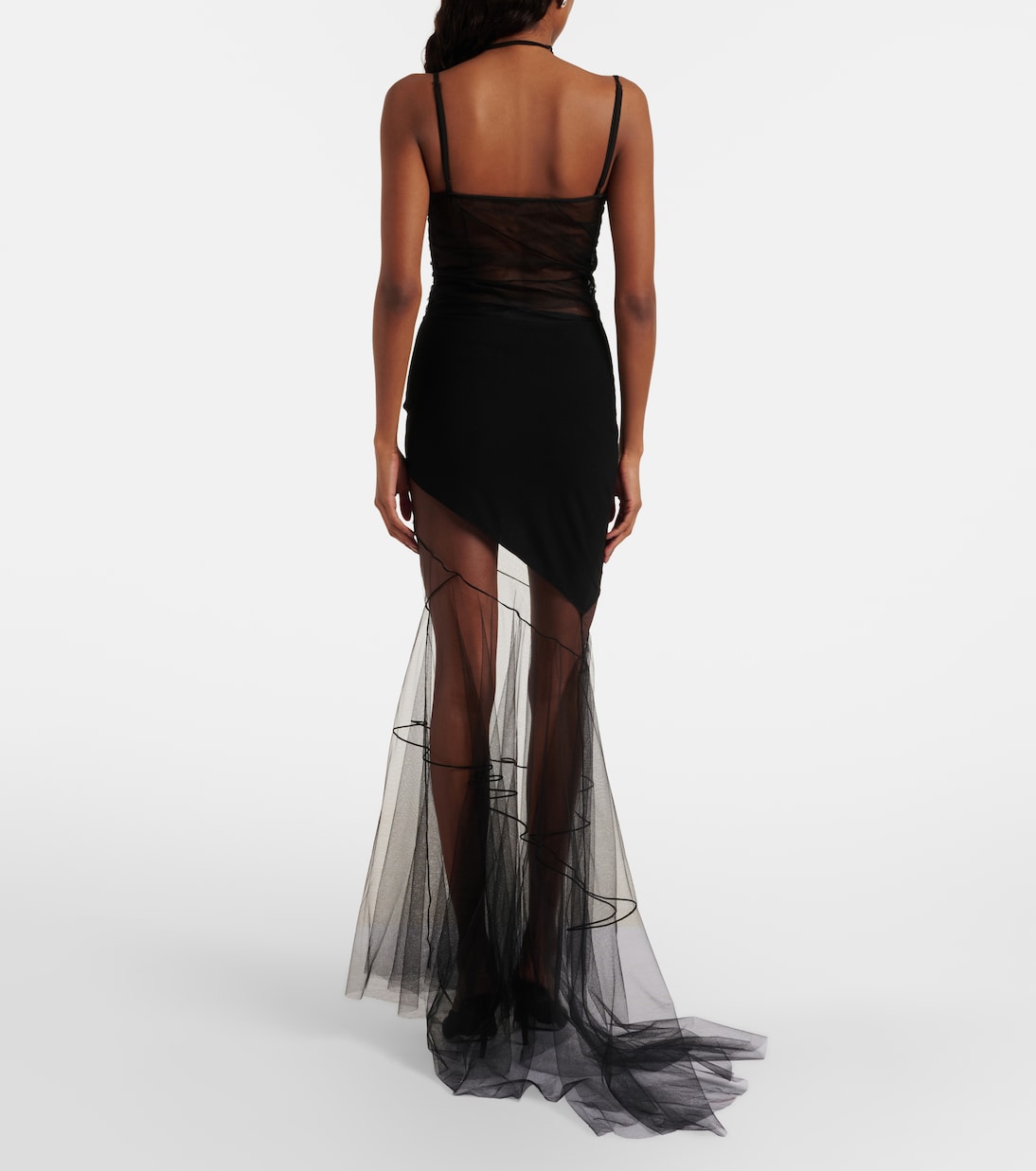 Asymmetric draped sheer maxi dress | Nensi Dojaka